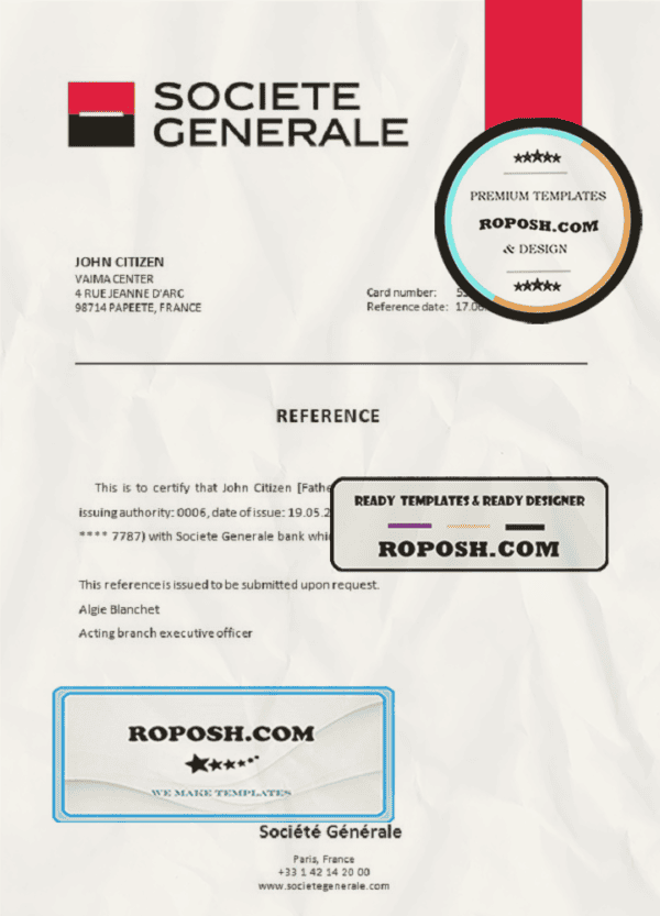 France Société Générale bank account closure reference letter template in Word and PDF format