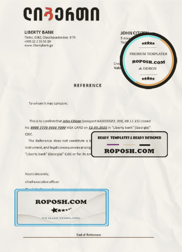 Georgia Liberty bank account closure reference letter template in Word and PDF format