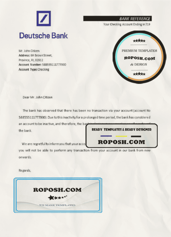 Germany Deutsche bank account closure reference letter template in Word and PDF format