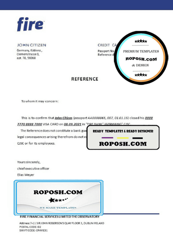 Germany Fire bank account closure reference letter template in Word and PDF format