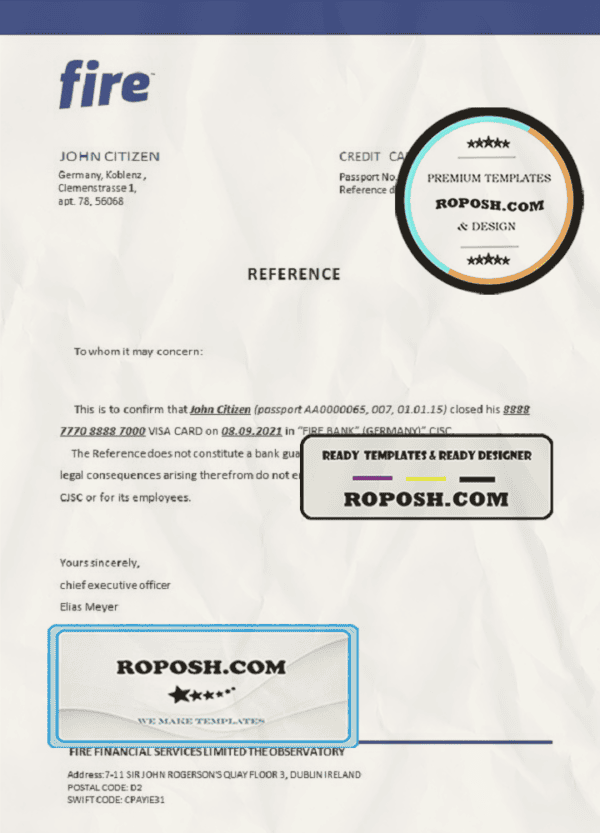 Germany Fire bank account closure reference letter template in Word and PDF format