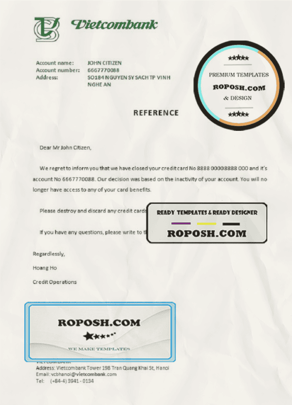 Vietnam Vietcombank bank account closure reference letter template in Word and PDF format