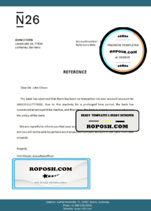Germany N26 bank account closure reference letter template in Word and PDF format