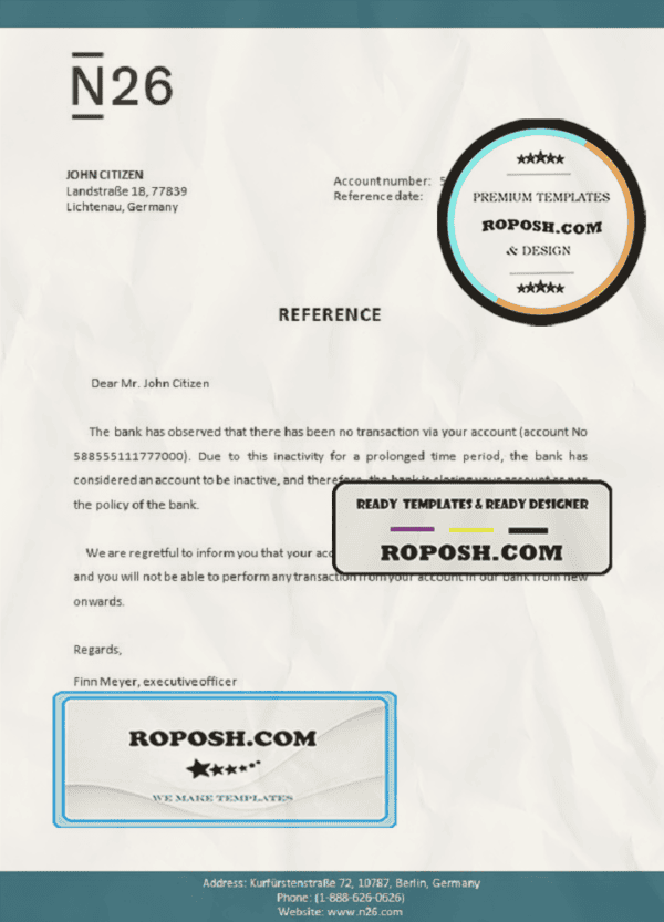 Germany N26 bank account closure reference letter template in Word and PDF format