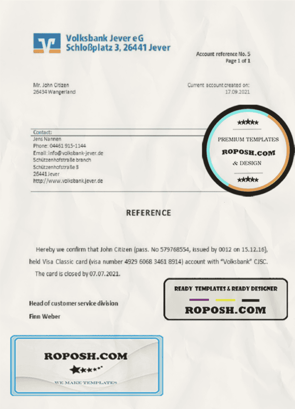 Germany Volksbank bank account closure reference letter template in Word and PDF format
