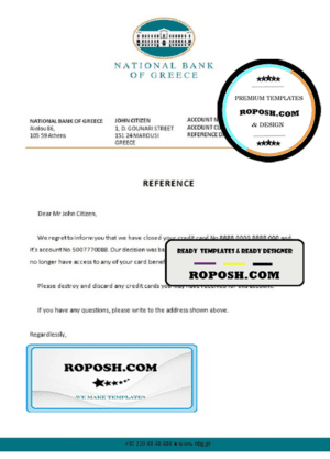 Greece National Bank of Greece bank account closure reference letter template in Word and PDF format