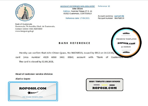Guatemala Bank of Guatemala bank account closure reference letter template in Word and PDF format