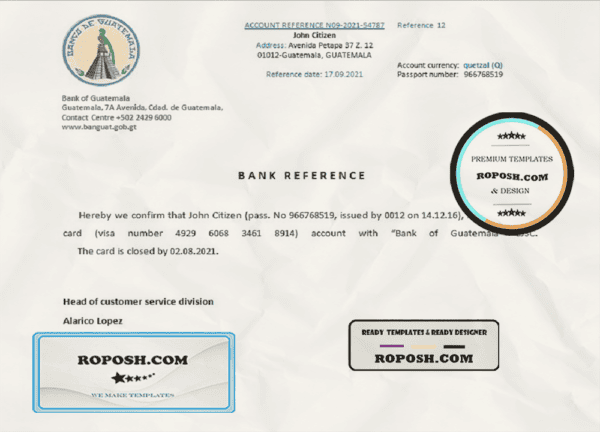 Guatemala Bank of Guatemala bank account closure reference letter template in Word and PDF format