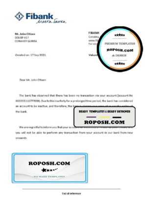 Guinea Fibank bank account closure reference letter template in Word and PDF format