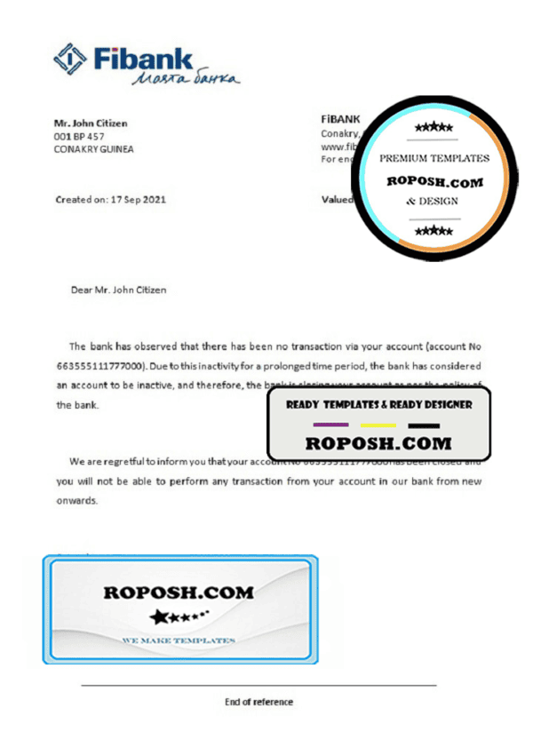 Guinea Fibank bank account closure reference letter template in Word and PDF format