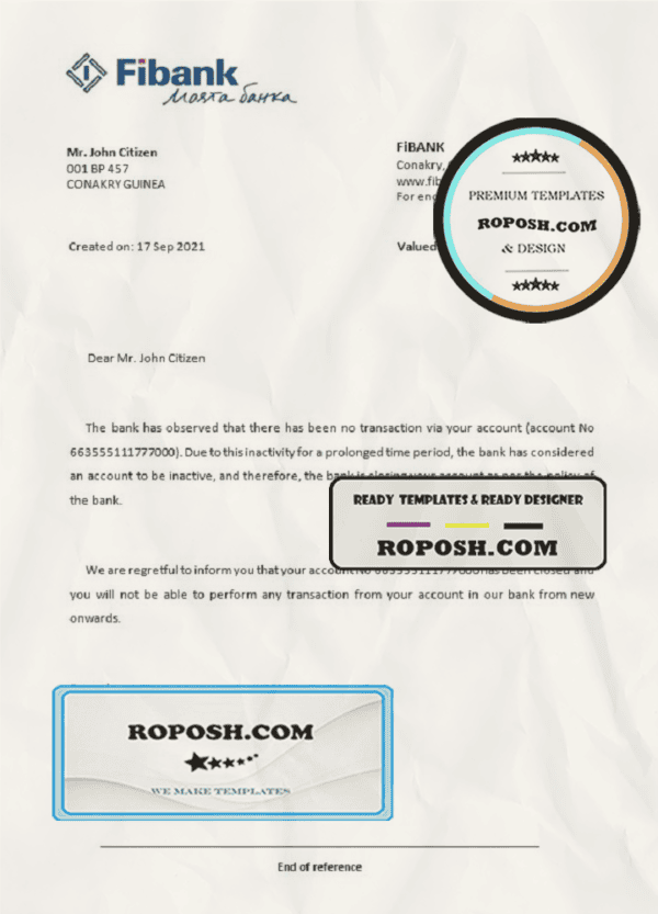 Guinea Fibank bank account closure reference letter template in Word and PDF format
