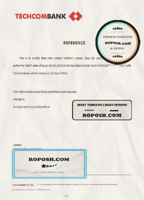 Vietnam Techcombank bank account closure reference letter template in Word and PDF format