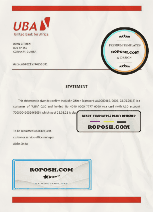 Guinea UBA bank account closure reference letter template in Word and PDF format