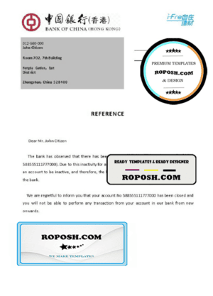 Hong Kong Bank of China bank account closure reference letter template in Word and PDF format