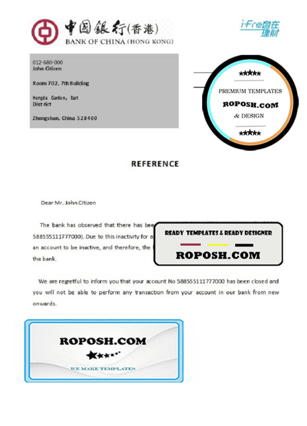 Hong Kong Bank of China bank account closure reference letter template in Word and PDF format