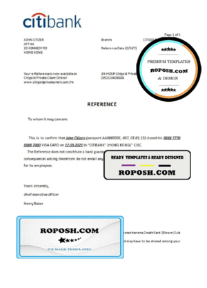 Hong Kong Citibank bank account closure reference letter template in Word and PDF format