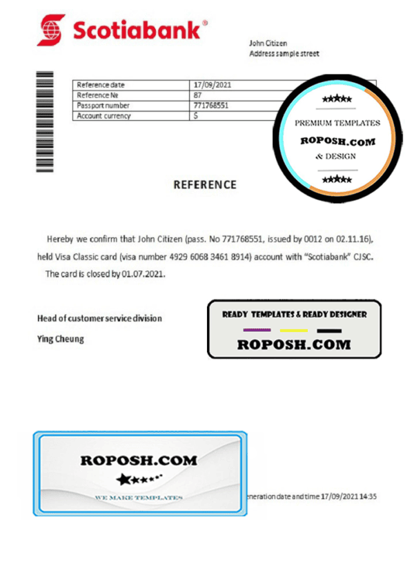 Hong Kong Scotiabank account closure reference letter template in Word and PDF format