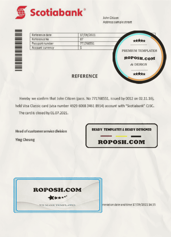 Hong Kong Scotiabank account closure reference letter template in Word and PDF format