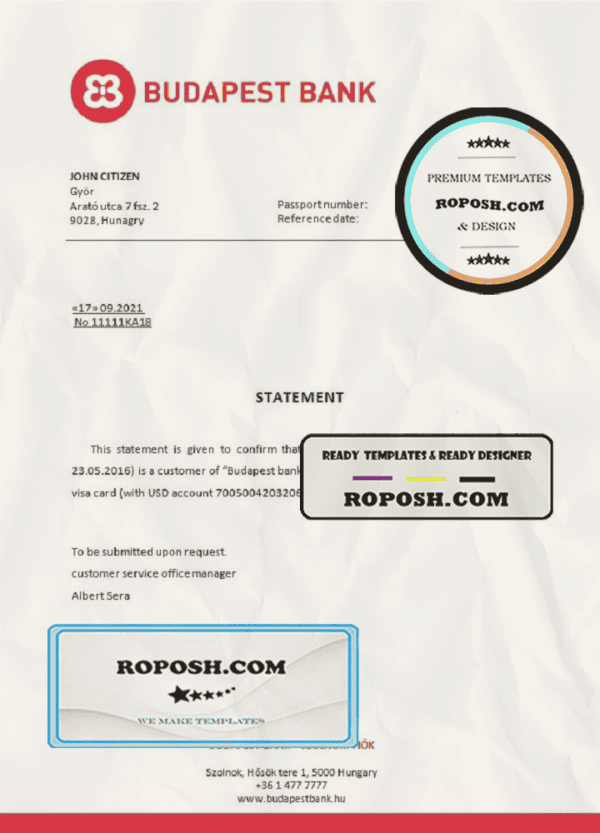 Hungary Budapest bank account closure reference letter template in Word and PDF format