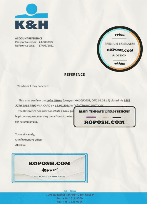 Hungary K&H bank account closure reference letter template in Word and PDF format