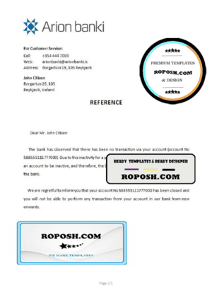 Iceland Arion bank account closure reference letter template in Word and PDF format