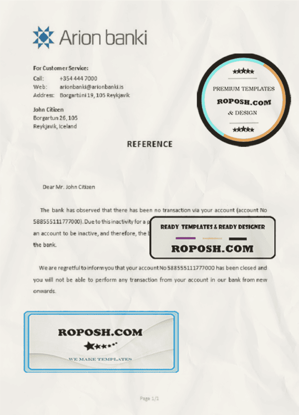 Iceland Arion bank account closure reference letter template in Word and PDF format