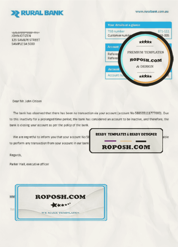 Australia Rural bank account closure reference letter template in Word and PDF format
