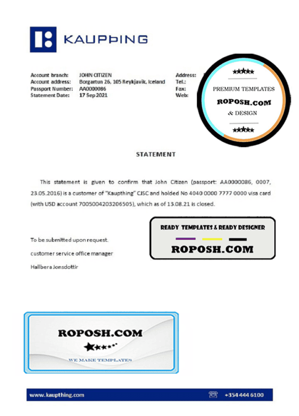 Iceland Kaupthing bank account closure reference letter template in Word and PDF format