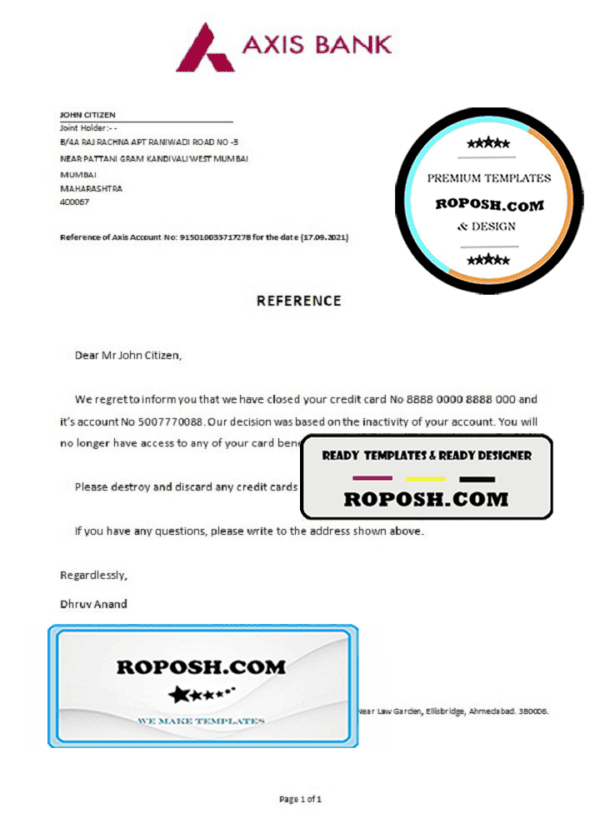 India Axis bank account closure reference letter template in Word and PDF format