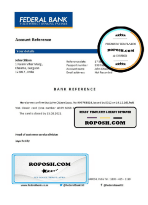 India Federal bank account closure reference letter template in Word and PDF format
