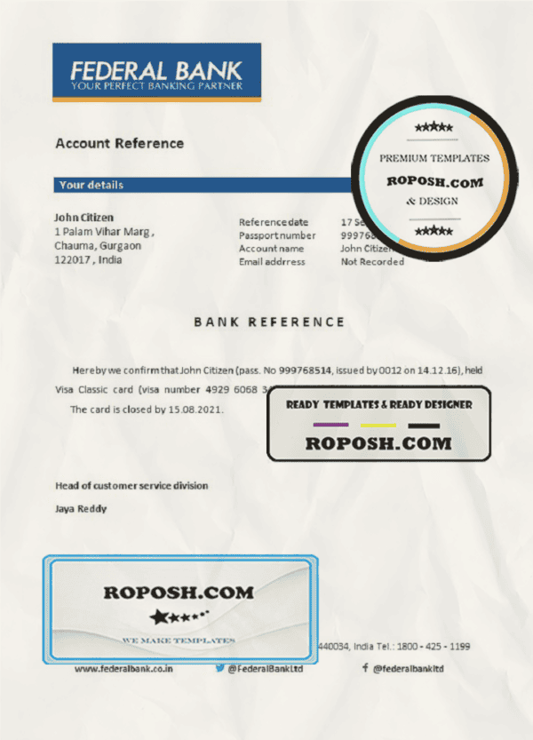 India Federal bank account closure reference letter template in Word and PDF format