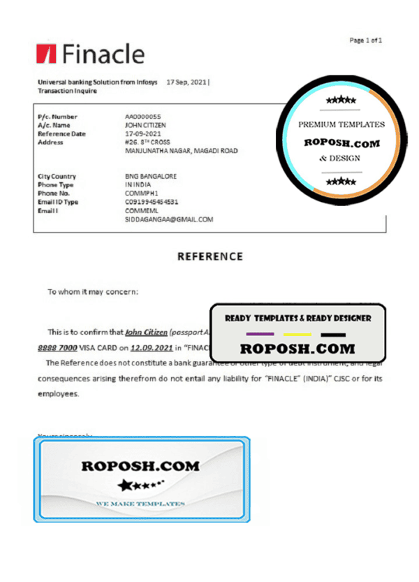 India Finacle bank account closure reference letter template in Word and PDF format
