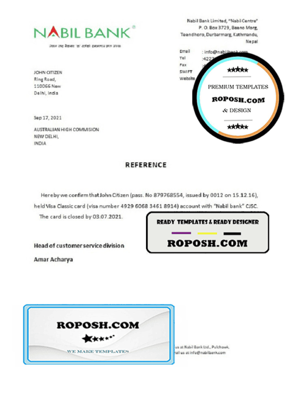 India Nabil bank account closure reference letter template in Word and PDF format