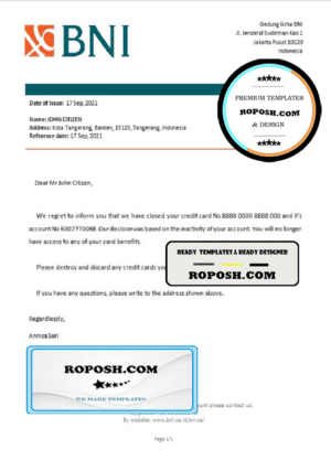 Indonesia Negara bank account closure reference letter template in Word and PDF format