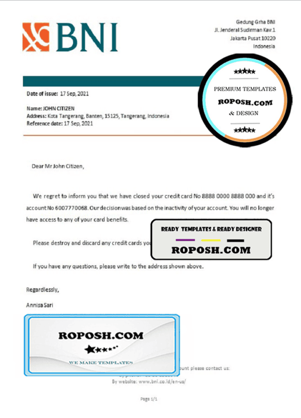 Indonesia Negara bank account closure reference letter template in Word and PDF format
