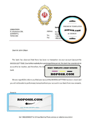 Iran Melli bank account closure reference letter template in Word and PDF format