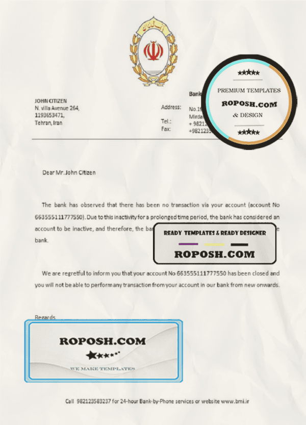 Iran Melli bank account closure reference letter template in Word and PDF format