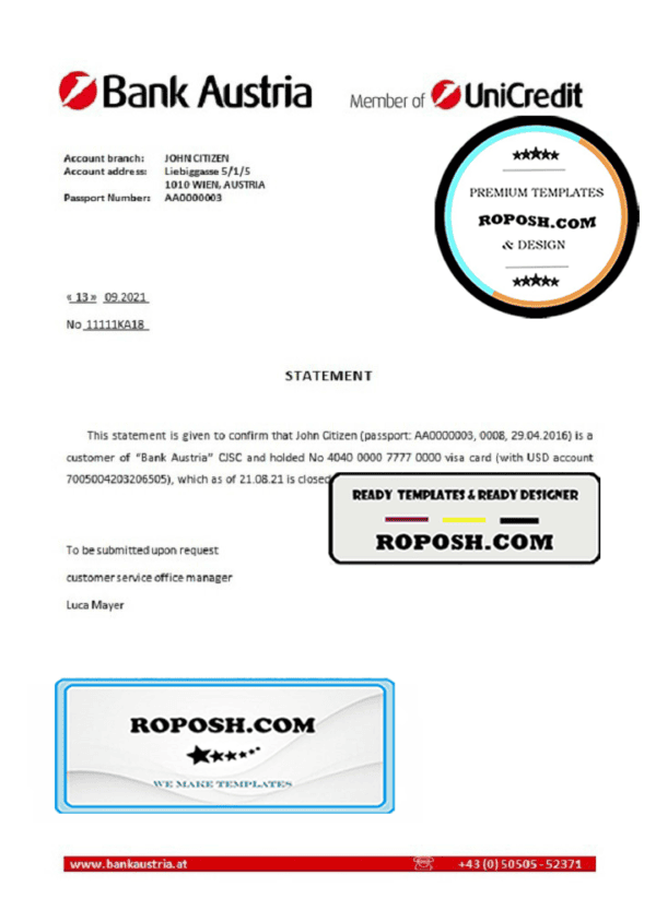 Austria Bank Austria bank account closure reference letter template in Word and PDF format