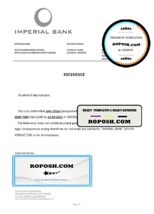 South Africa Imperial Bank bank account closure reference letter template in Word and PDF format