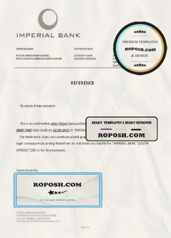 South Africa Imperial Bank bank account closure reference letter template in Word and PDF format