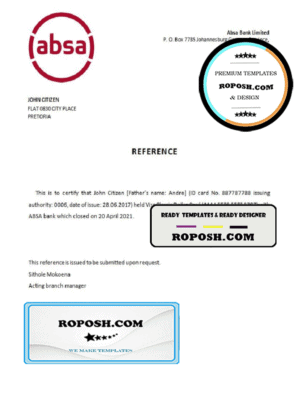 South Africa ABSA bank account closure reference letter template in Word and PDF format