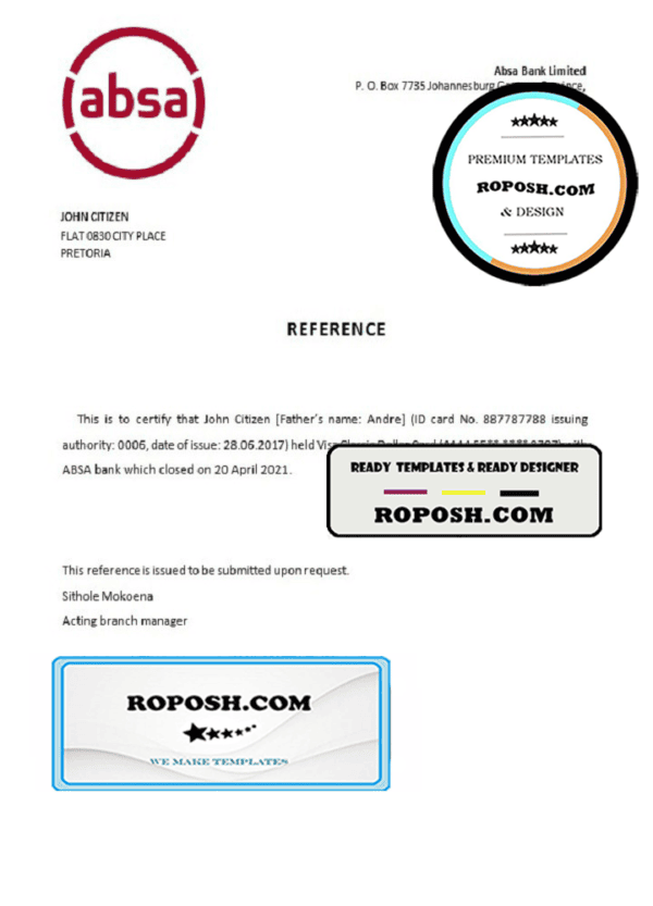South Africa ABSA bank account closure reference letter template in Word and PDF format