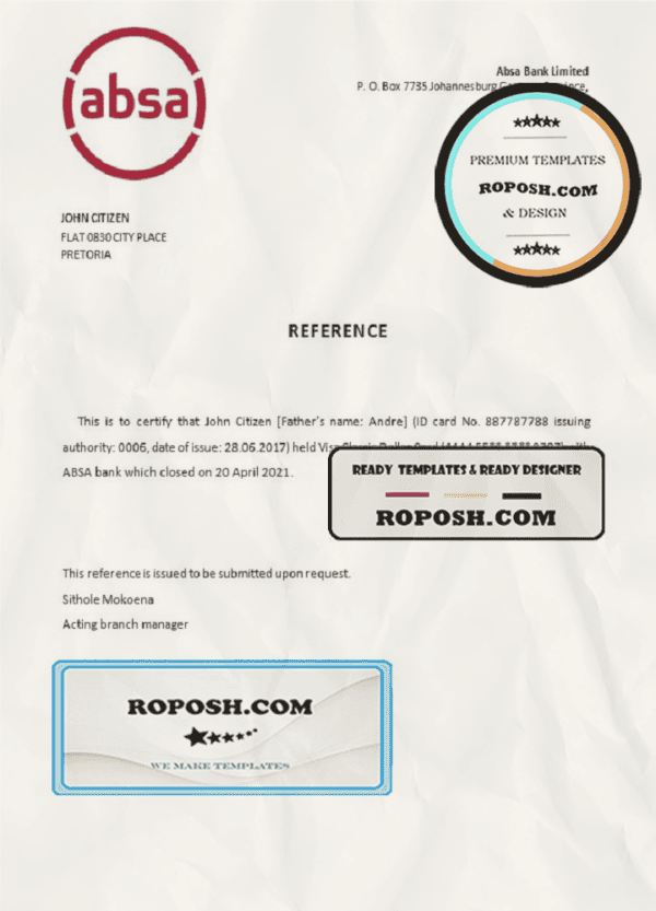 South Africa ABSA bank account closure reference letter template in Word and PDF format
