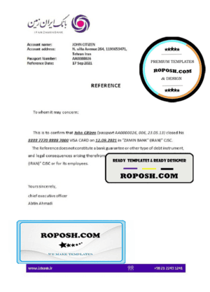 Iran Zamin bank account closure reference letter template in Word and PDF format
