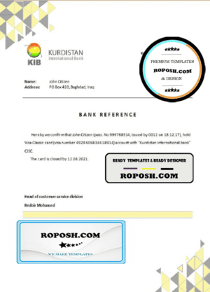Iraq Kurdistan International bank account closure reference letter template in Word and PDF format
