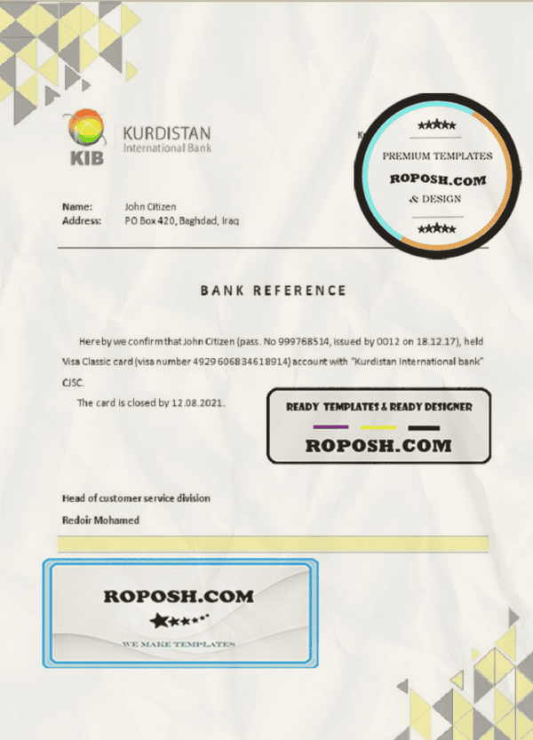Iraq Kurdistan International bank account closure reference letter template in Word and PDF format