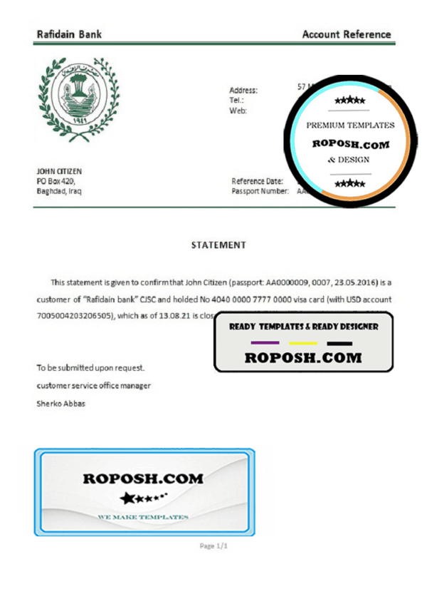 Iraq Rafidain bank account closure reference letter template in Word and PDF format