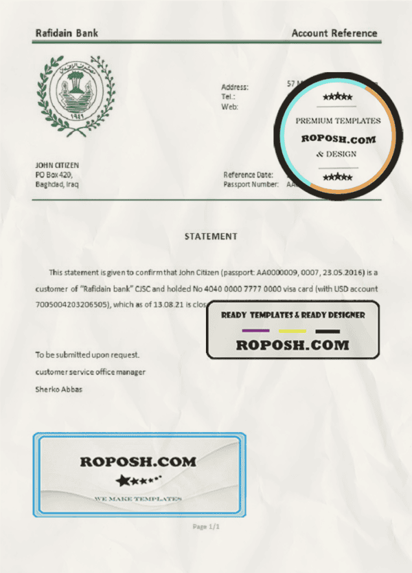 Iraq Rafidain bank account closure reference letter template in Word and PDF format