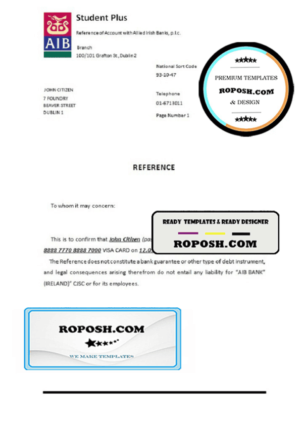 Ireland AIB bank account closure reference letter template in Word and PDF format