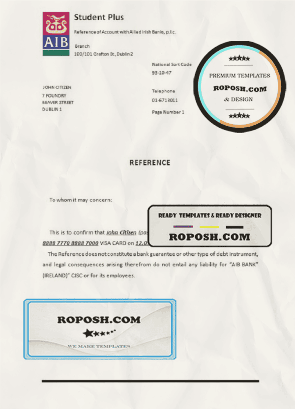 Ireland AIB bank account closure reference letter template in Word and PDF format